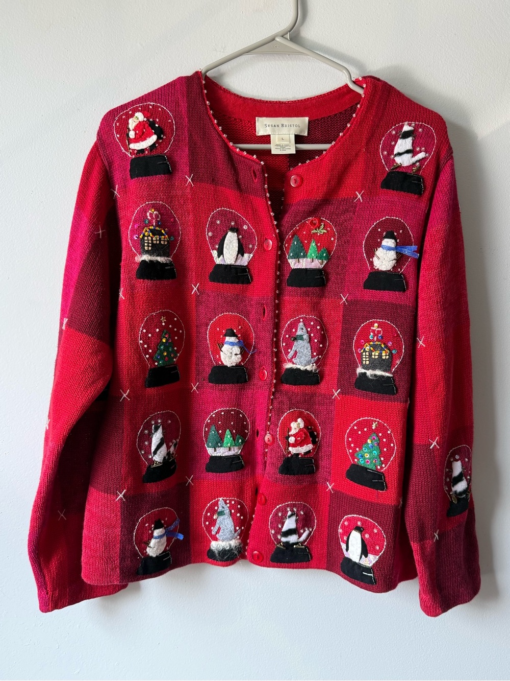 VTG Y2K Susan Bristol Snow Globe Embroidered Animal Sweater Ramie Cotton Red L